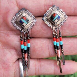 Vintage 925 sterling silver Southwestern QT Quoc multi gemstone inlay dangle ear